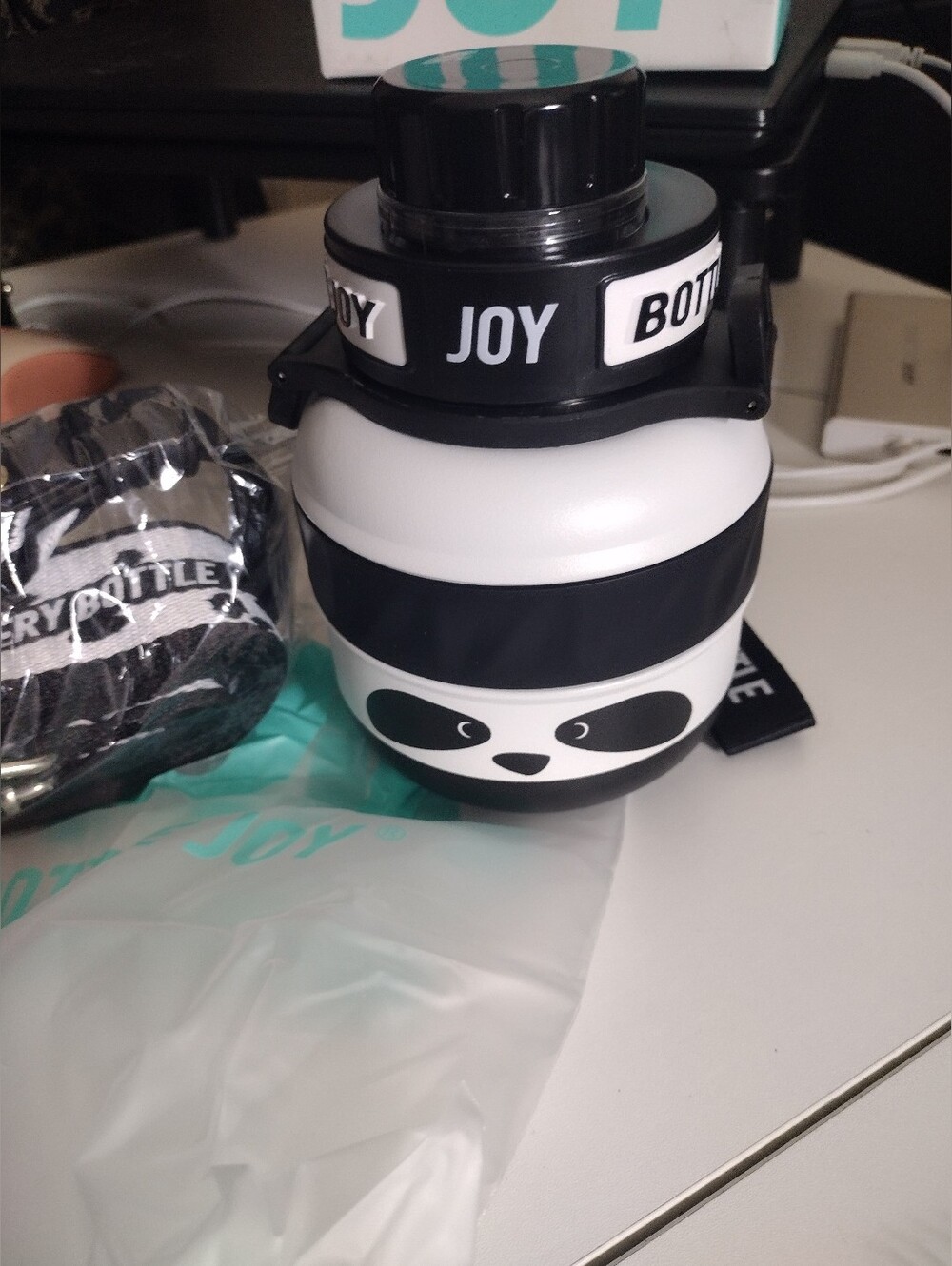 NIB BOTTLE JOY Panda Water Jug With Leash And Strap - Black & White